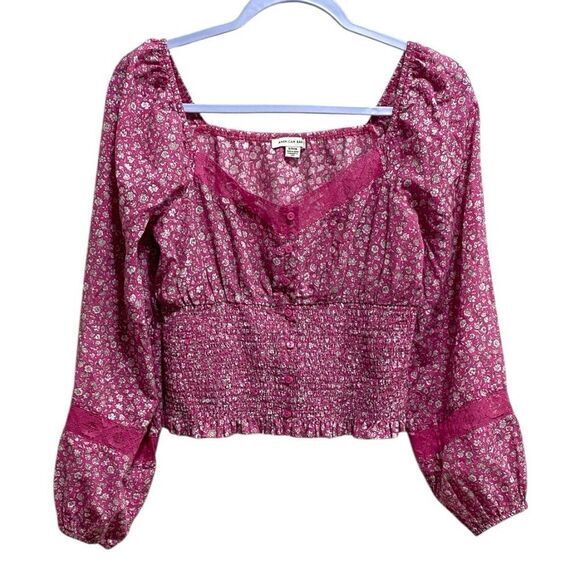 American Eagle Pink Floral Lace Trim Smocked Peasant Blouse Size Small - Picture 1 of 11